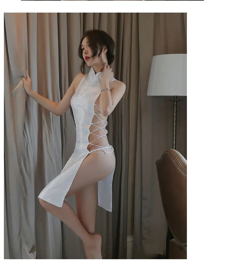 Black White Sexy Cheongsam Dress Both Side Bandage Women's High Slit Hollow Erotic Lingerie Qipao Dress Tempting Uniform Pajamas - Seprincess