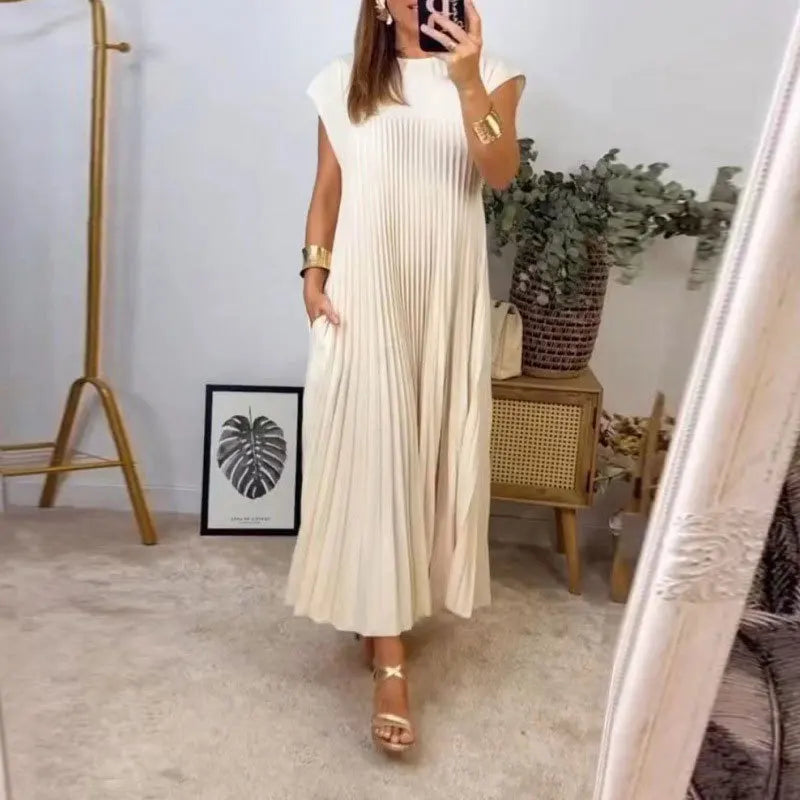 Women's Elegant And Fashionable Round Neck Sleeveless Pleated Long Dress In Solid Color Beige With Pockets, Oversized Long Skirt - Seprincess