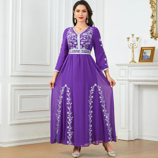 Abaya, New Leisure Muslim Women's Clothing for 2024. Turkish, Dubai, Arabic Fashionable V-neck Heavy Embroidery Dress for Ladies - Seprincess