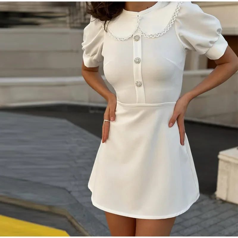 Elegant Doll Collar Women's Dress 2024 Spring Summer Fashion Slim Short Sleeve Button Female Dresses Lady High Street Vestidos - Seprincess