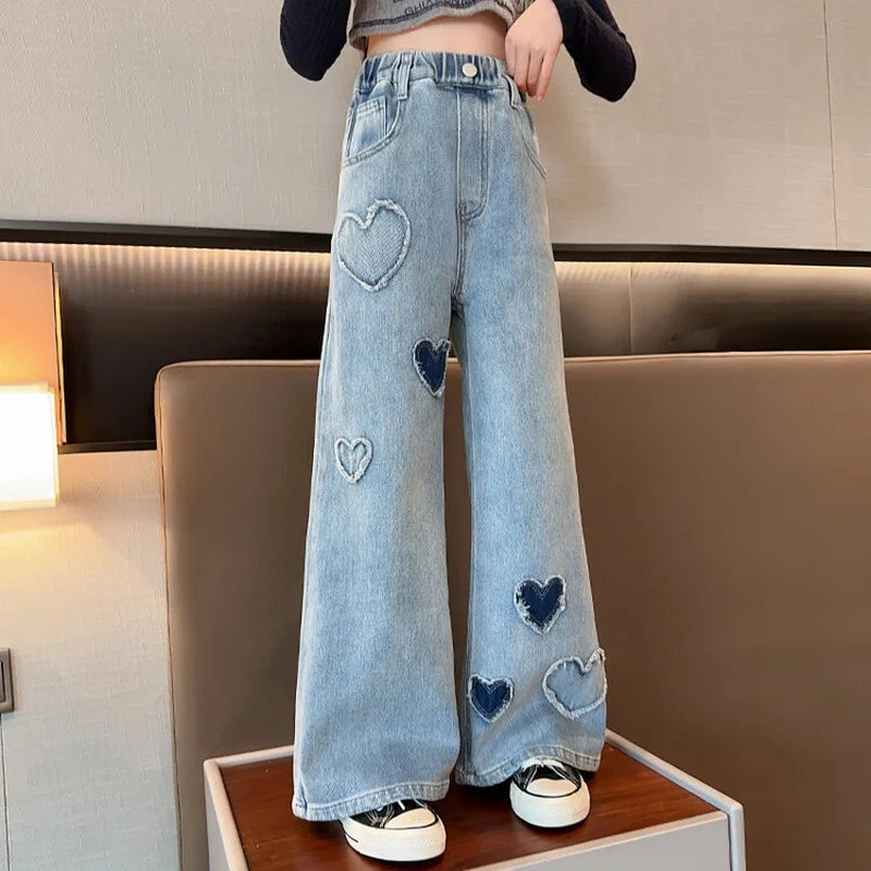 Teenage Jeans for Girls 2024 Spring Summer Casual All-match Loose Kids Leg Wide Pants School Children Trousers 4-16 Years