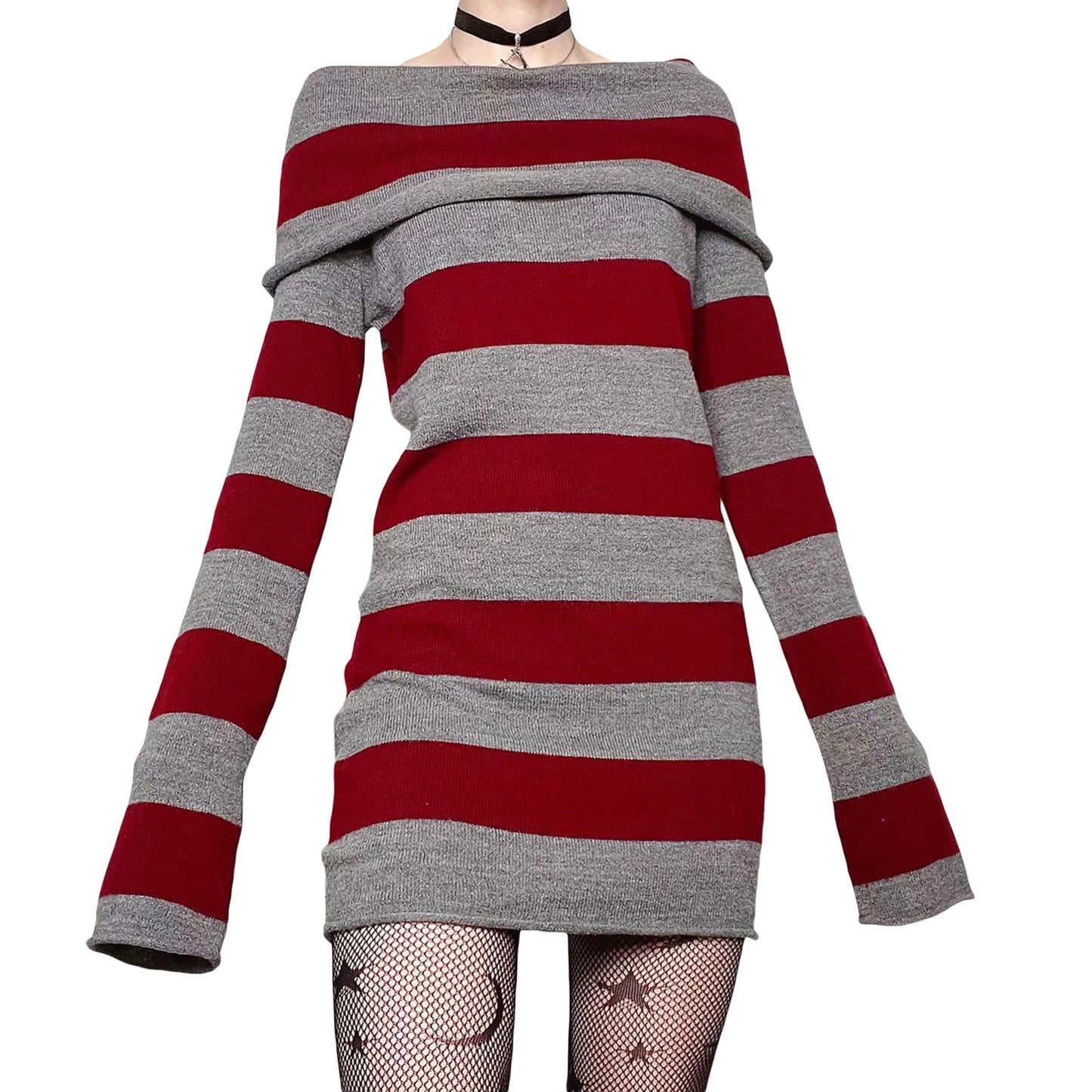 Women Y2K Knit Mini Dress Striped Long Sleeve Off Shoulder Bodycon Short Sweater Dress Trendy Night Club Streetwear - Seprincess