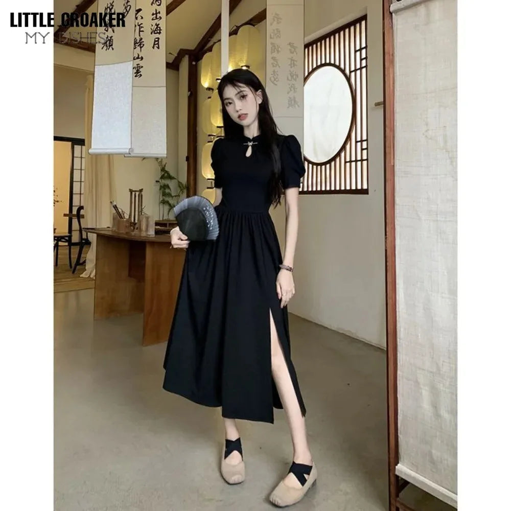 New Chinese Style Improved Cheongsam Dress New Summer Qipao Temperament Black Large Swing Split Midi Qi Pao Dress Woman - Seprincess