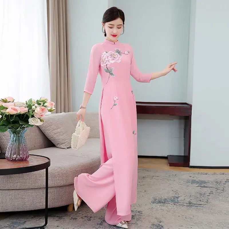 Spring Summer Ao Dai Cheongsam Folk Style Vietnam Chiffon Aodai Graceful Elegant Women Chinese Traditional Dress Improve Qipao - Seprincess