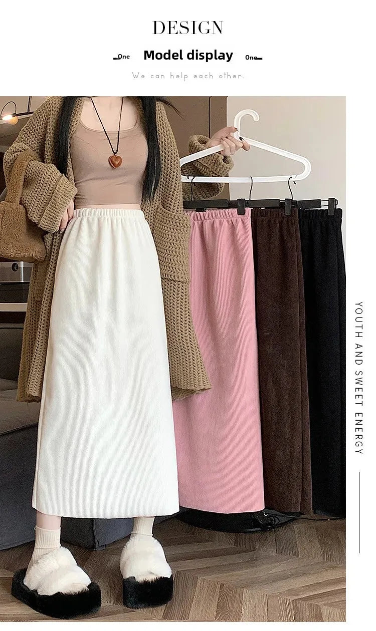 Thickened Fleece-Lined Corduroy Skirt Women's Autumn/Winter 2024 New Medium-Length A- Line Skirt With Side Slit High-Waisted