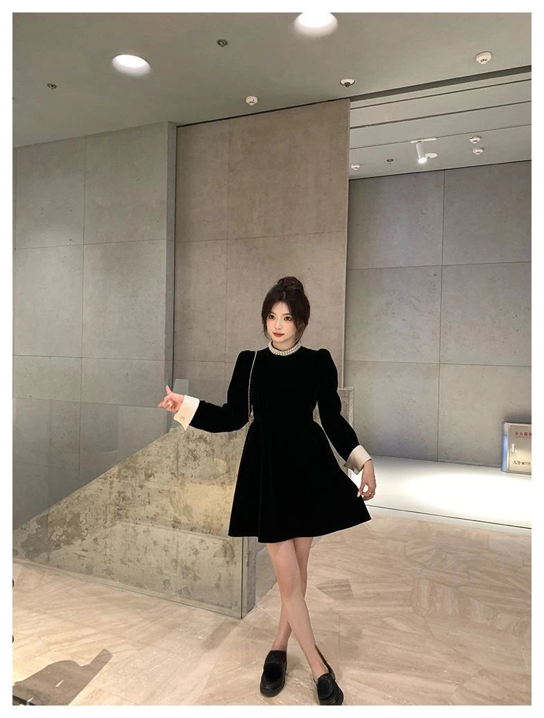 2024 Sweet Woman Party Dresses Korean Vintage Velvet Black Dress Patchwork Robe Elegant Clothes All Match Pearl Vestidos Mujer - Seprincess