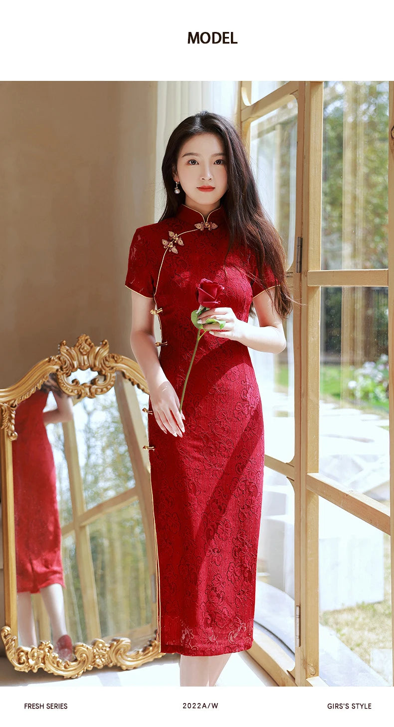 Wine Red Wedding Cheongsam Short Sleeve Vintage Improved Women Summer Lace Dress Slim-fit Elegant Qipao S To XXL Evening Dress - Seprincess