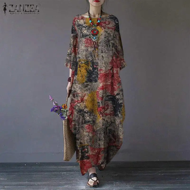 Vintage Printed Dresses ZANZEA Autumn Sundress Women Bohemian Casual Long Sleeve O Neck Dress Elegant Loose Maxi Vestidos Robe - Seprincess