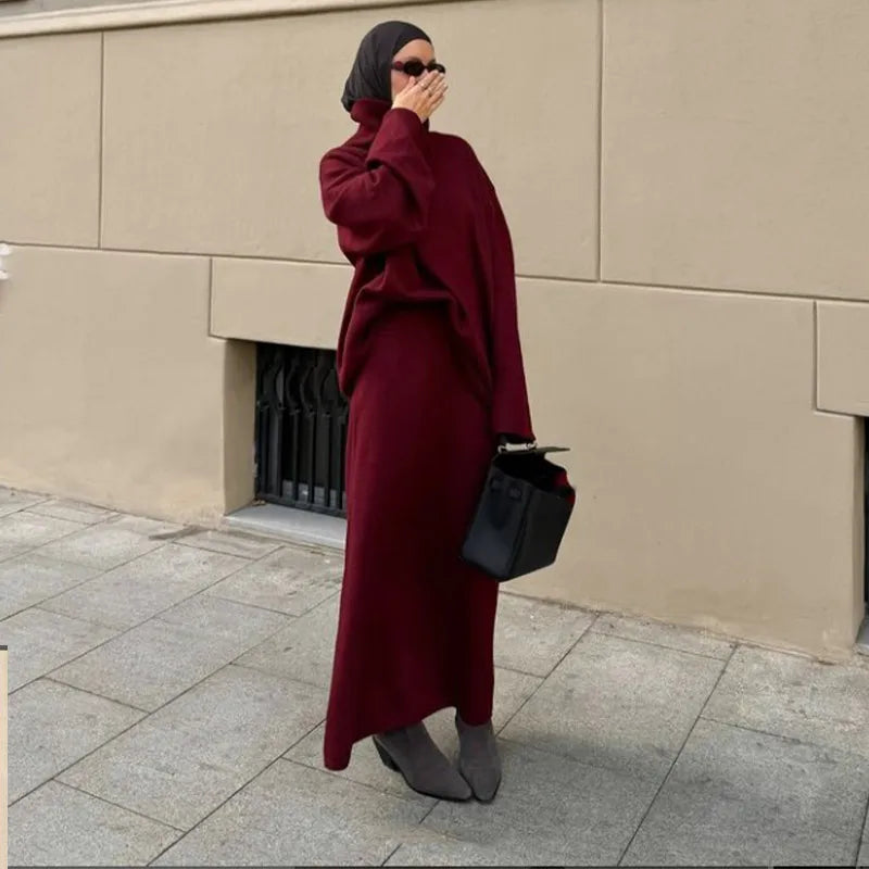 ﻿ Autumn Fashion Burgundy Red High Collar Knitted Set Women Solid Full Sleeve Long Skirt Outfit New Winter High Street Lady Suit - Seprincess