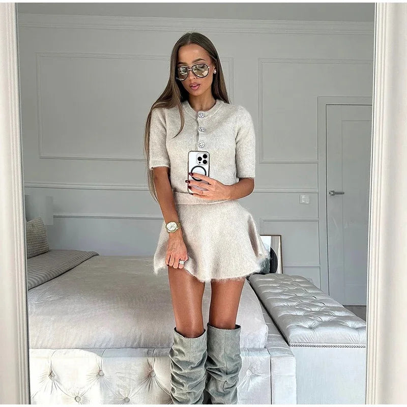 Elegant Knit Mini Skirts Suits Women Loose Round Neck Shorts Sleeves Tops High Waist Skirt Female 2024 Autumn Solid  Lady Sets - Seprincess