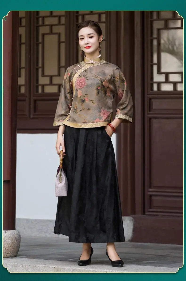 Cheongsam Women's Plus Size Tops 2024 Autumn Fashion Satin Fabric Prints Splicing Stand Collar Chinese Style Qipao Shirts Woman - Seprincess