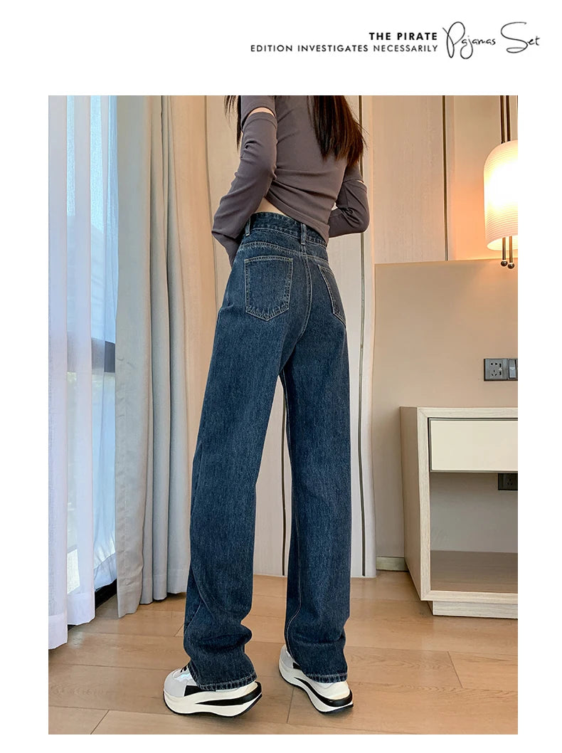 Jielur Dark Blue Straight Basic Female Jeans High Waist Slim Loose Solid Color Simple Women's Wide Leg Pants Chic Office Ladies