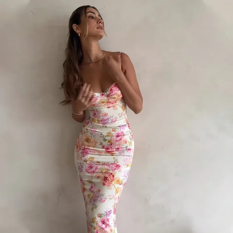 2024 Summer Party Beach Style Backless Sleeveless Spaghetti Strap New Floral Printing V-neck Slim Long Dress for Women - Seprincess