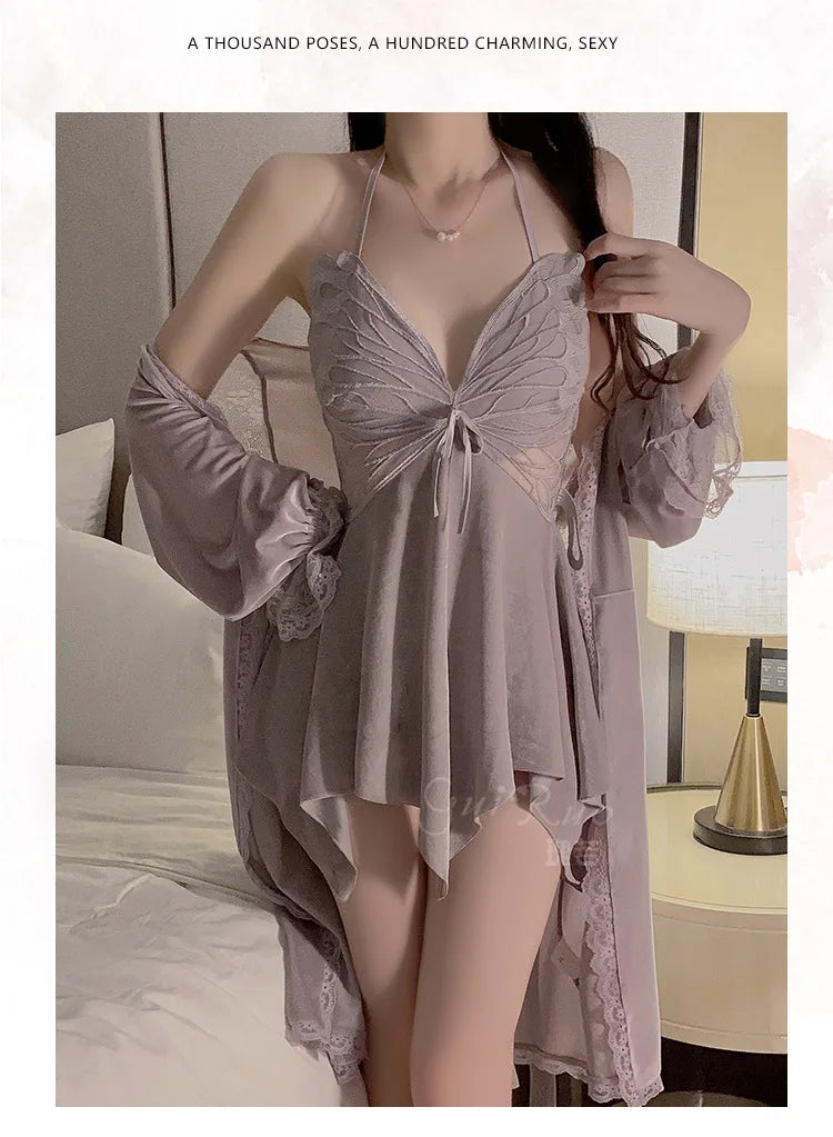 Sweet Velvet Irregular Dress Mature Charm Elegant Gentle Butterfly Chest Cup With Chest Pads Hanging Neck Dress Outer Robe CAY8 - Seprincess