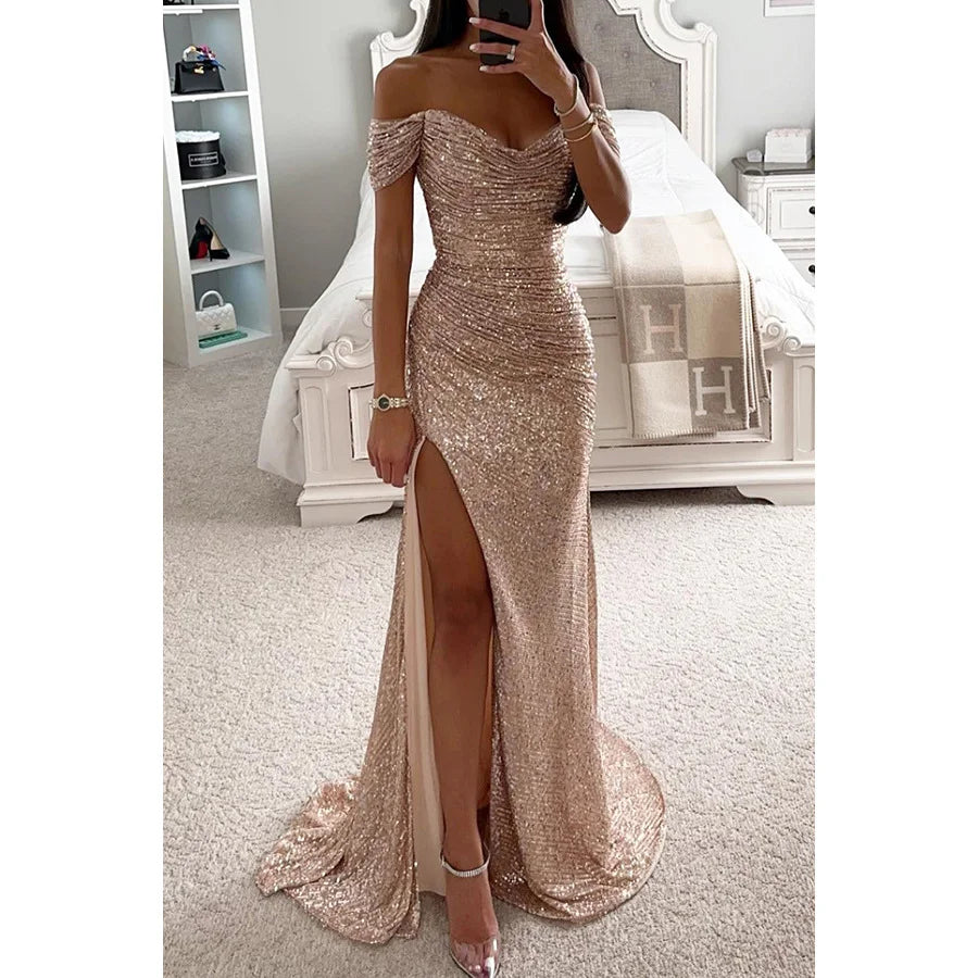 2024 New Party Dresses Sequins One Neck Split Casual Fashion Dresses for Female Long Dresses Women's Clothing Vestidos Largos - Seprincess