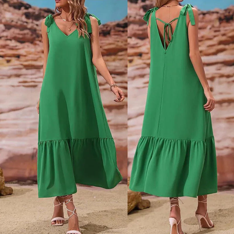 Summer 2024 Green V-neck Lace Up Dress Loose Casual Dress Long Dress Solid Bohemian Beach Skirt - Seprincess