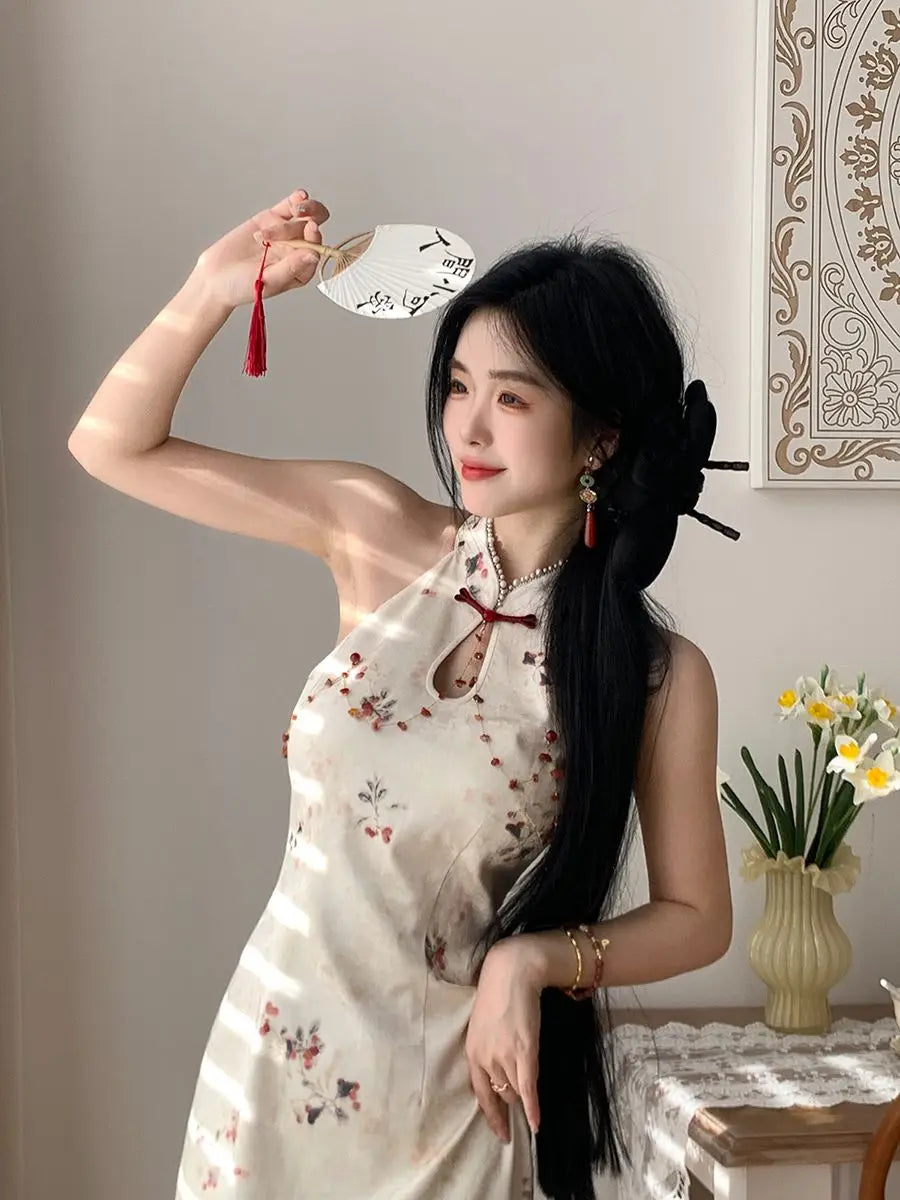 New Chinese Style Neck Hanging Dress Retro Improvement Cheongsam Summer New Print Slim Qipao Waist Reducing Slimming Dresses - Seprincess