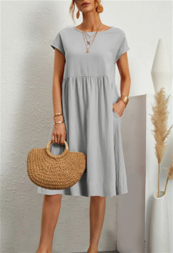 Cotton Linen Dress For Women Summer Casual Splicing Pocket Dresses Vestido Fashion Female Clothing Short Sleeve Loose Midi Dress - Seprincess