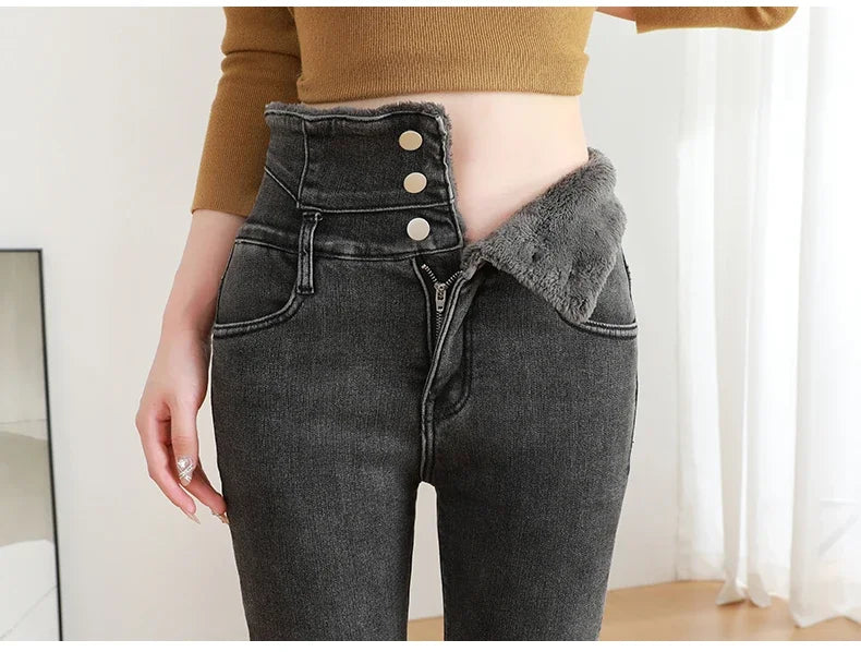 Black Fleece Warm Women Winter Jeans Thickened High Waist Multi-button Skinny Stretch Denim Pants Fashion Korean Female Trousers