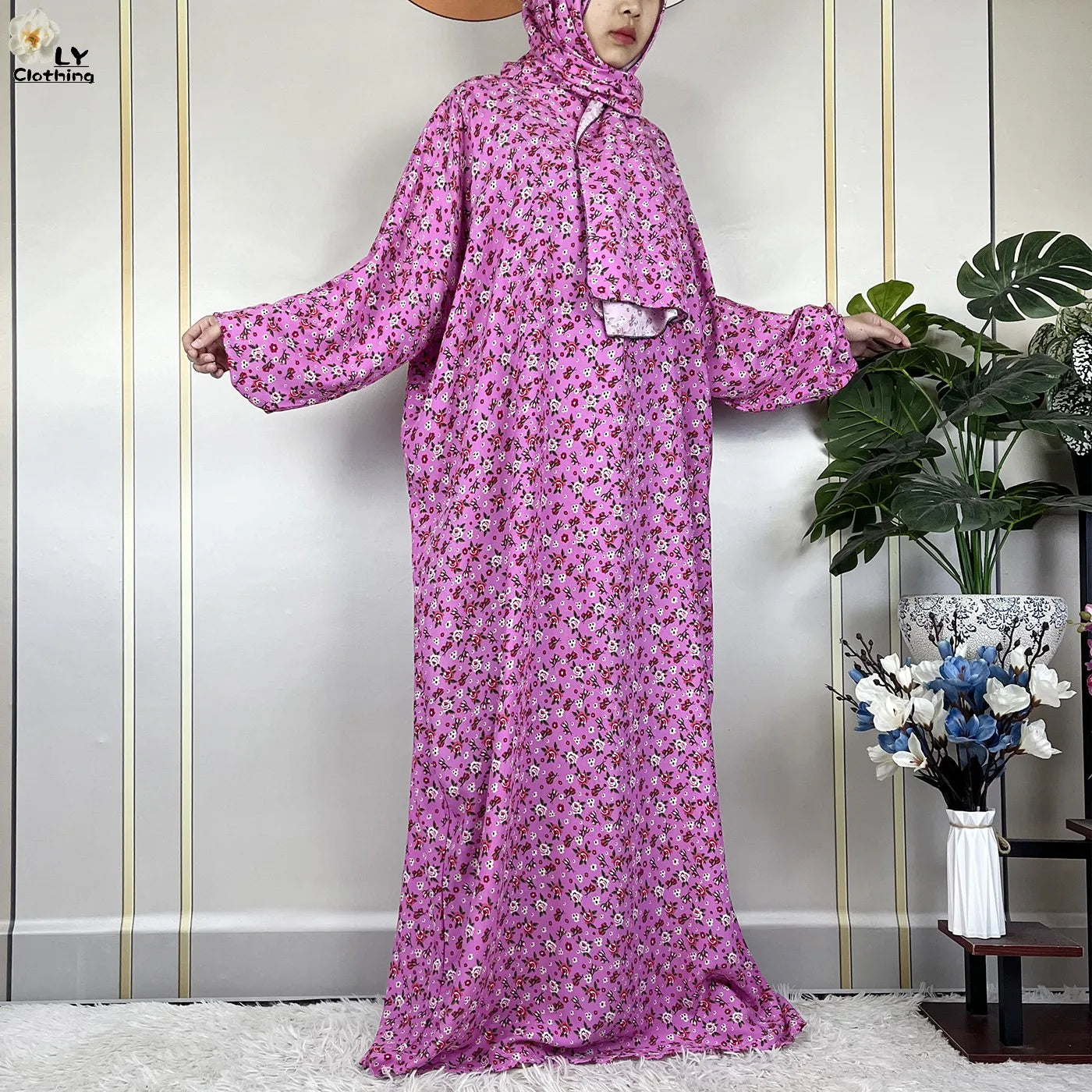 2024Latest Muslim Abayas For Women Ramadan Prayer Maxi Dubai Turkey Femme Cotton Robe Floral Loose African Dress Turban Attached - Seprincess