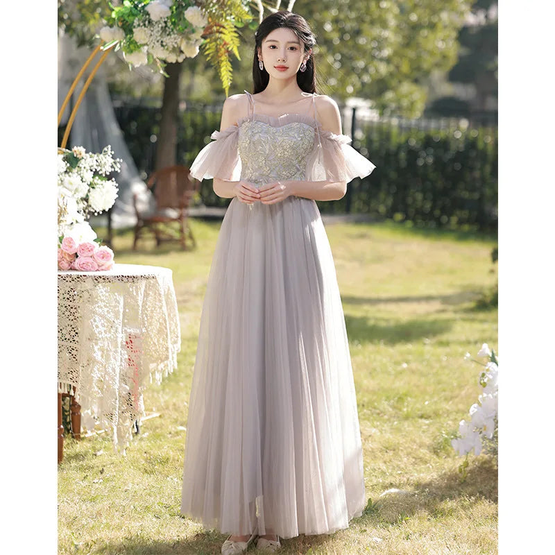 Temperament Grey Bridesmaid Dress Long Wedding Sisters Group Gown Elegant Applique Tulle Off Shoulder Banquet Party Vestido - Seprincess