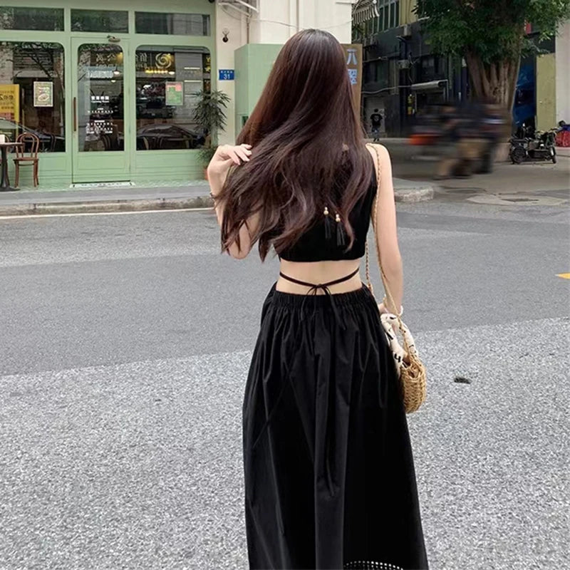 Fashion and Casual Summer Halter Hollow Sleeveless Tassel Solid Color Simple and Generous Hem Holiday Beach Women's Long Dress - Seprincess