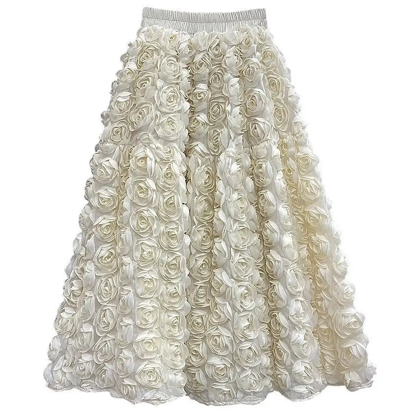 Elegant Fashion 3D Flowers Mesh White Skirt French Chic Elegant Long Skirts Women A-line Elastic High Waist Female Skirt - Seprincess