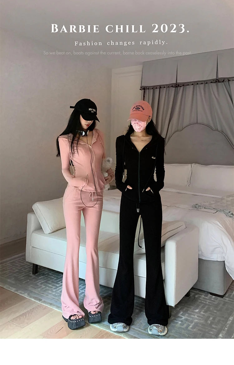 Y2K High Street Two Piece Set Tracksuit Women Hooded Zipper Jacket + Drawstring Wide Leg Pants Korean Fashion Solid Slim Outfits - Seprincess