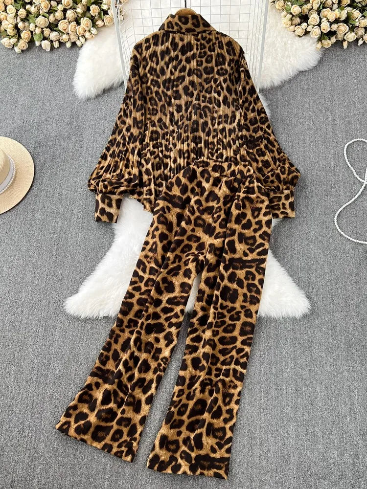 Autumn Elegant Women 2 Pieces Set Leopard Print Long Sleeve Shirts Casual Loose Pantalon Outfits New Fashion Vintage Sweatsuit - Seprincess