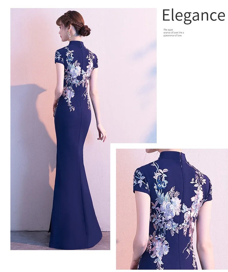 Chinese Formal Party Dress Exquisite Embroidery Applique Cheongsam Lady Qipao Banquet Dress Sexy A-Line Maxi Dress Vestidos - Seprincess