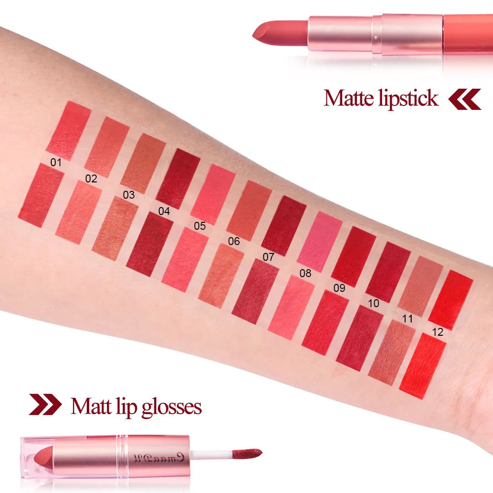 Double Ended Matte Lipstick Waterproof Nude Matte Velvet Glossy Lip Gloss Lip Balm Sexy Red Lip Tint Women Fashion Makeup Gift - Seprincess