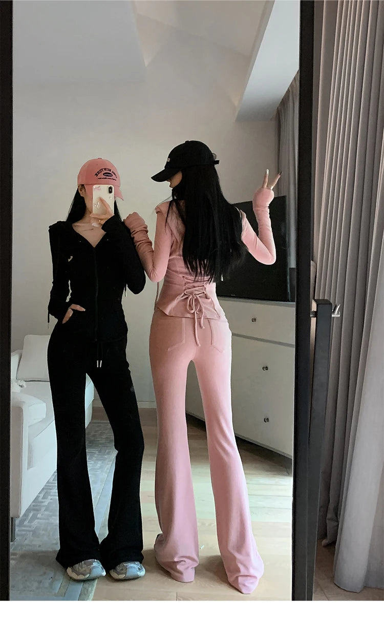 Y2K High Street Two Piece Set Tracksuit Women Hooded Zipper Jacket + Drawstring Wide Leg Pants Korean Fashion Solid Slim Outfits - Seprincess