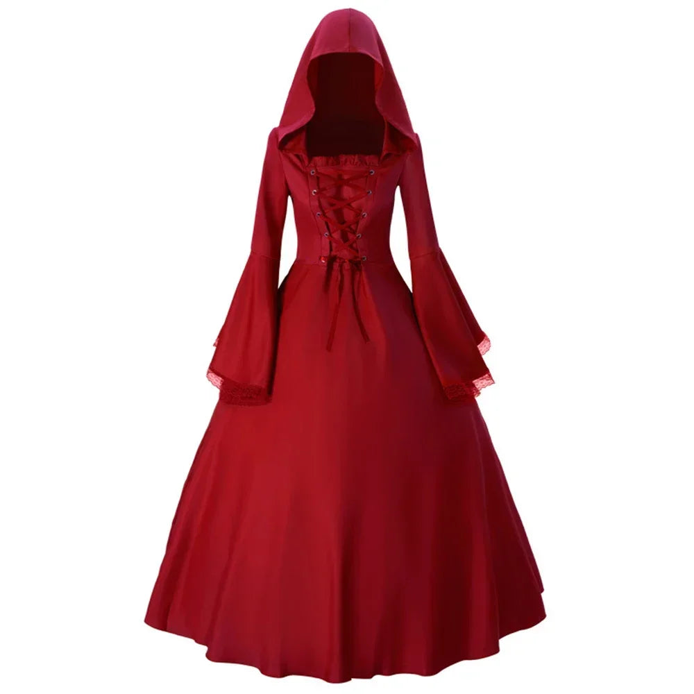 Women's Halloween Party Lace-up Cloak Cape Gothic Dresses Witch Charming Flare Sleeve Big Swing Medieval Hooded Dress Costumes - Seprincess