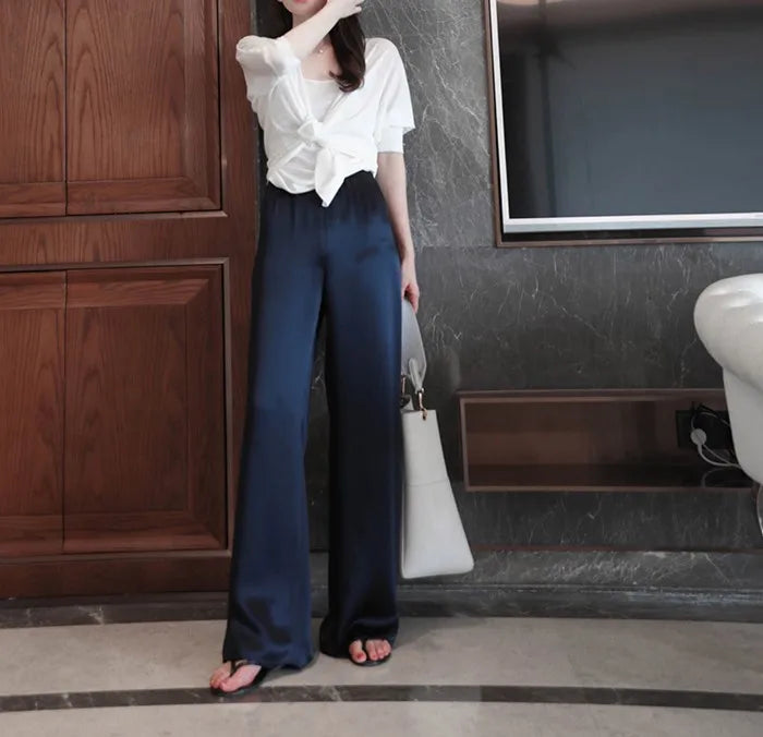 Acetate Satin Wide-Leg Pants for Women 2022 Summer New High Waist Drooping Mop Trousers Baggy Straight Trousers Tide