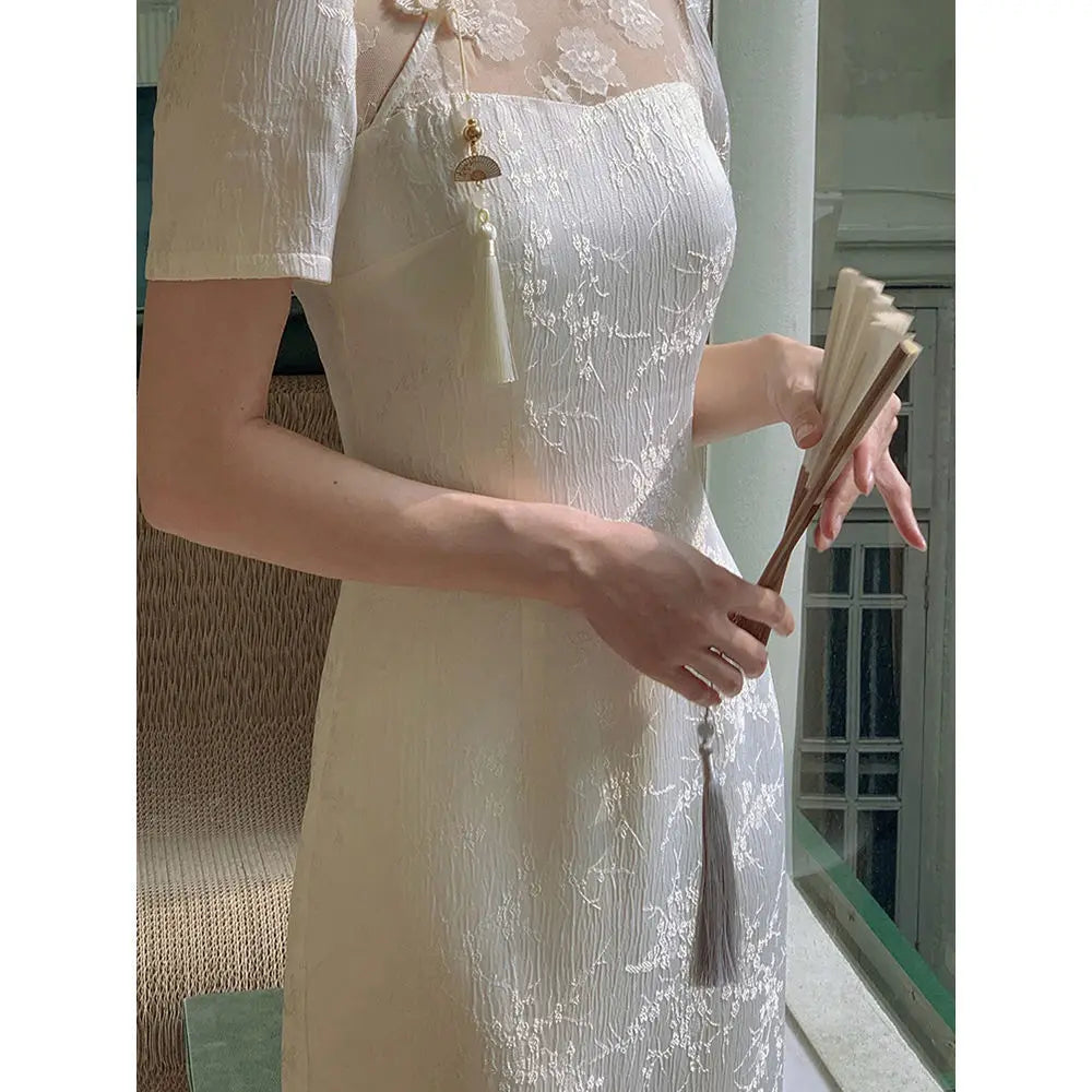 Women Beige Long Cheongsam Lace Transparent Floral Vintage Dress Wedding Costumes Traditional Short Qipao S To XXL - Seprincess