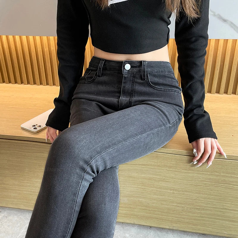 Skinny Jeans Women's Elastic High Waist Slim Fashion Korean Pencil Pants Spring New Leggings Black Gray Light Blue