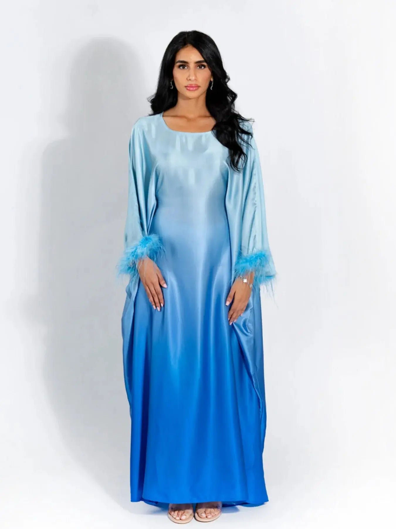 Fashion Shiny Feather Cuff Muslim Dress Robe Female Full Length Soft Butterflies Abaya Muslim Dress Worship Service Abaya wy2073 - Seprincess