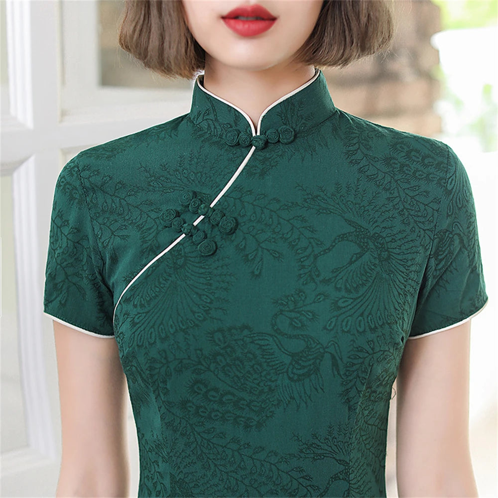 Green Printed Cotton Linen Short Cheongsam Summer New Improved Slim-fit Chic Dress Cute Sweet Girl Daily Oriental Qipao Vestidos - Seprincess