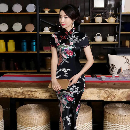 Chinese Style Qipao Satin Cheongsam Floral Embroidery Classic Wedding Evening Party Dress High Split Silky Plant Lady Dress - Seprincess