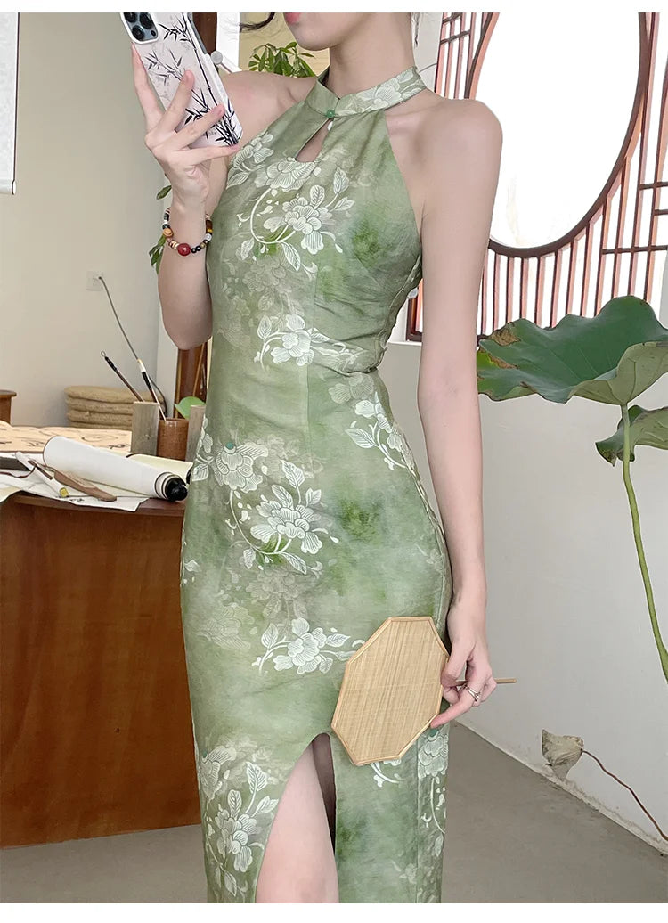 2024 New Improved Cheongsam Qipao Daily Summer Youth Style Elegant New Chinese Green Hanging Neck Evening Wedding Dress for Wome - Seprincess