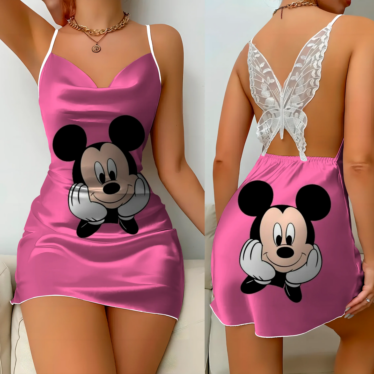 Mini Dress Pajama Skirt Bow Knot Party Dresses Satin Surface Minnie Mouse Disney Mickey Womens Fashion Summer 2024 Elegant Women - Seprincess