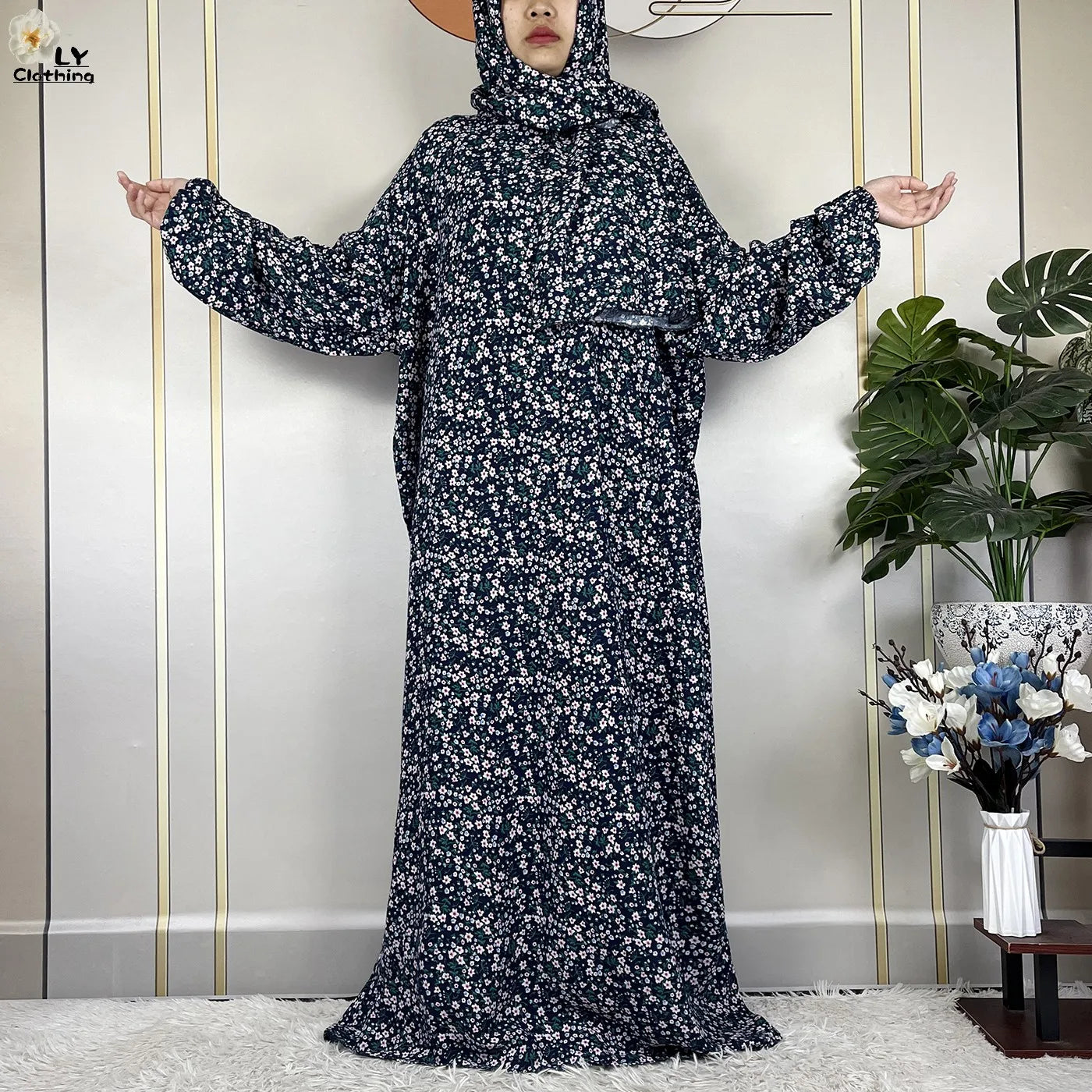 2024Latest Muslim Abayas For Women Ramadan Prayer Maxi Dubai Turkey Femme Cotton Robe Floral Loose African Dress Turban Attached