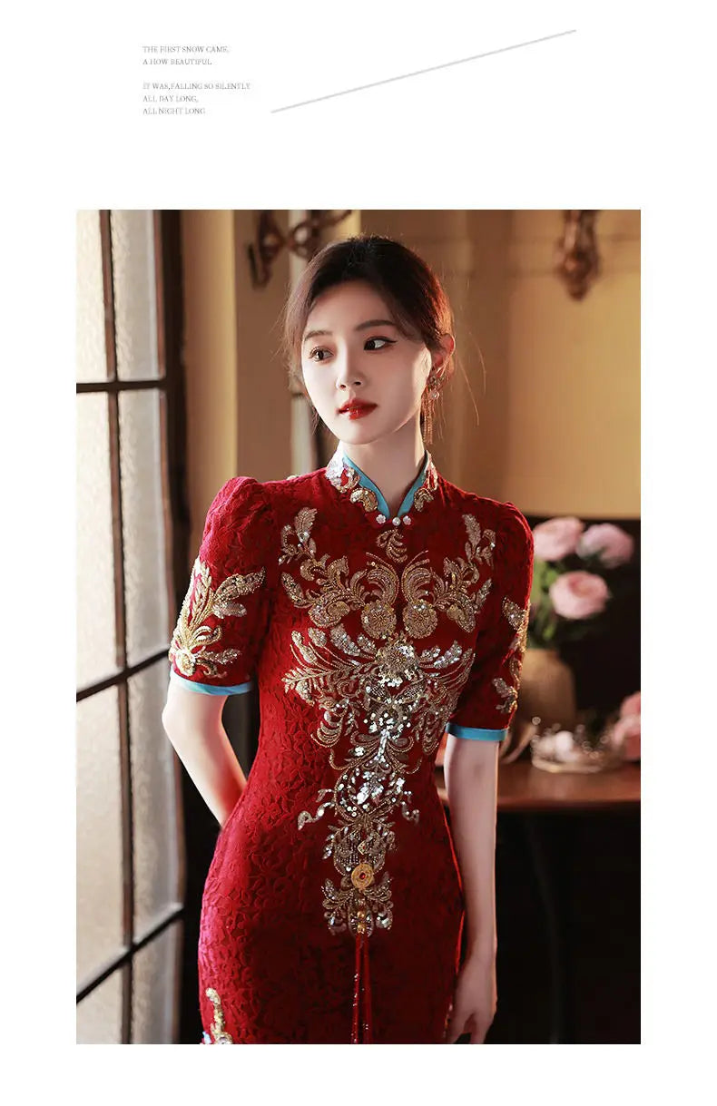 Toast Bride Wedding Dress Luxury Sequin Qipao Long Chinese Women Traditional Vintage Cheongsam Dresses Evening Gown China - Seprincess