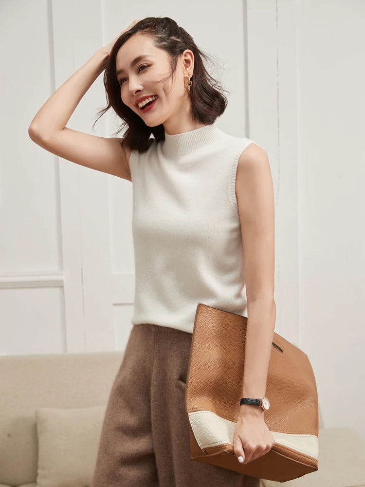 ADDONEE 100% Cashmere Women Summer Vest Mock Neck Thin Casual Sleeveless Pullover Office Lady Baisc Grace Cashmere Sweater Tops