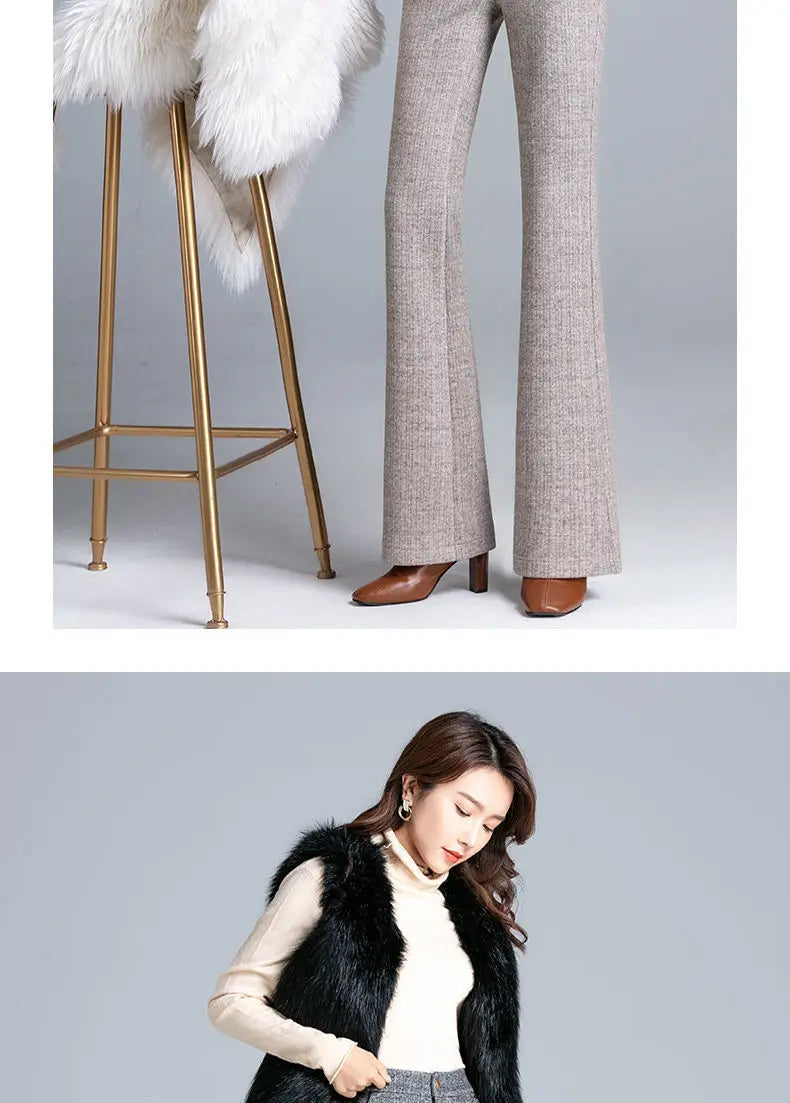 Office Lady Fashion Thicken Wool Flare Pants Autumn Winter New Korean Slim High Waist Wide Leg Women Solid Casual Suits Trousers