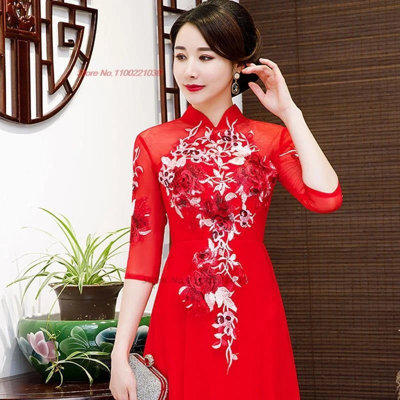 2024 women improved qipao dress elegant lace flower embroidery cheongsam vintage banquet qipao oriental evening dress vestido - Seprincess