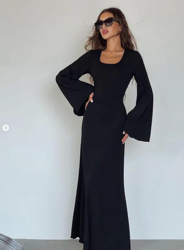 Autumn Winter Fashion Elastic Long Knitted A-line Dress Women Casual Round Neck Flare Sleeve Lace Up Elastic Knitted Dress Women