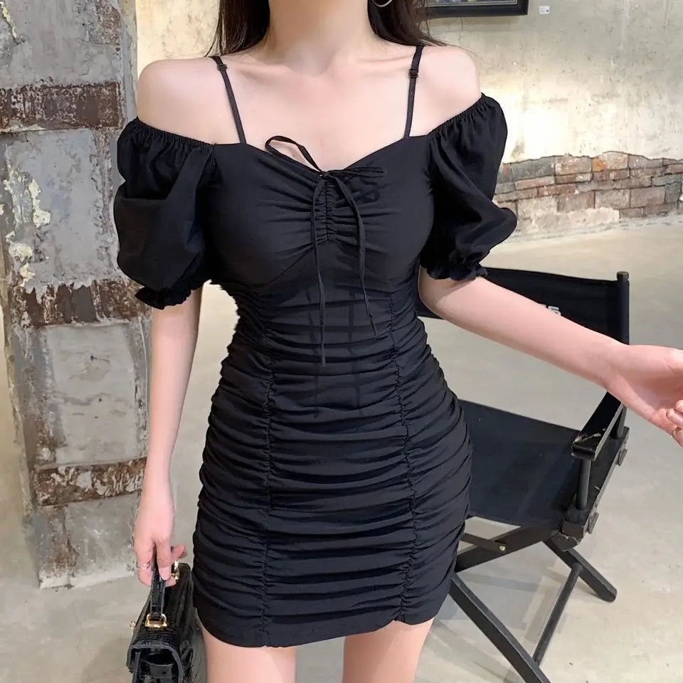 Summer 2022 New Korean Style Bubble Sleeve Pleated Drawstring Slim Dress Elegant Women's Club Party Dress Sexy Robe - Seprincess