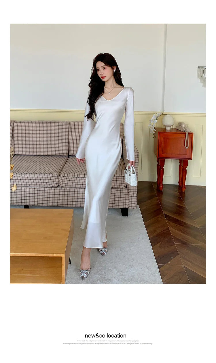 Autumn Solid Satin Long Dresses Women Wedding Evening Party Dress with Camisole Prom Robe V-Neck Long Sleeves Mermaid Vestidos - Seprincess