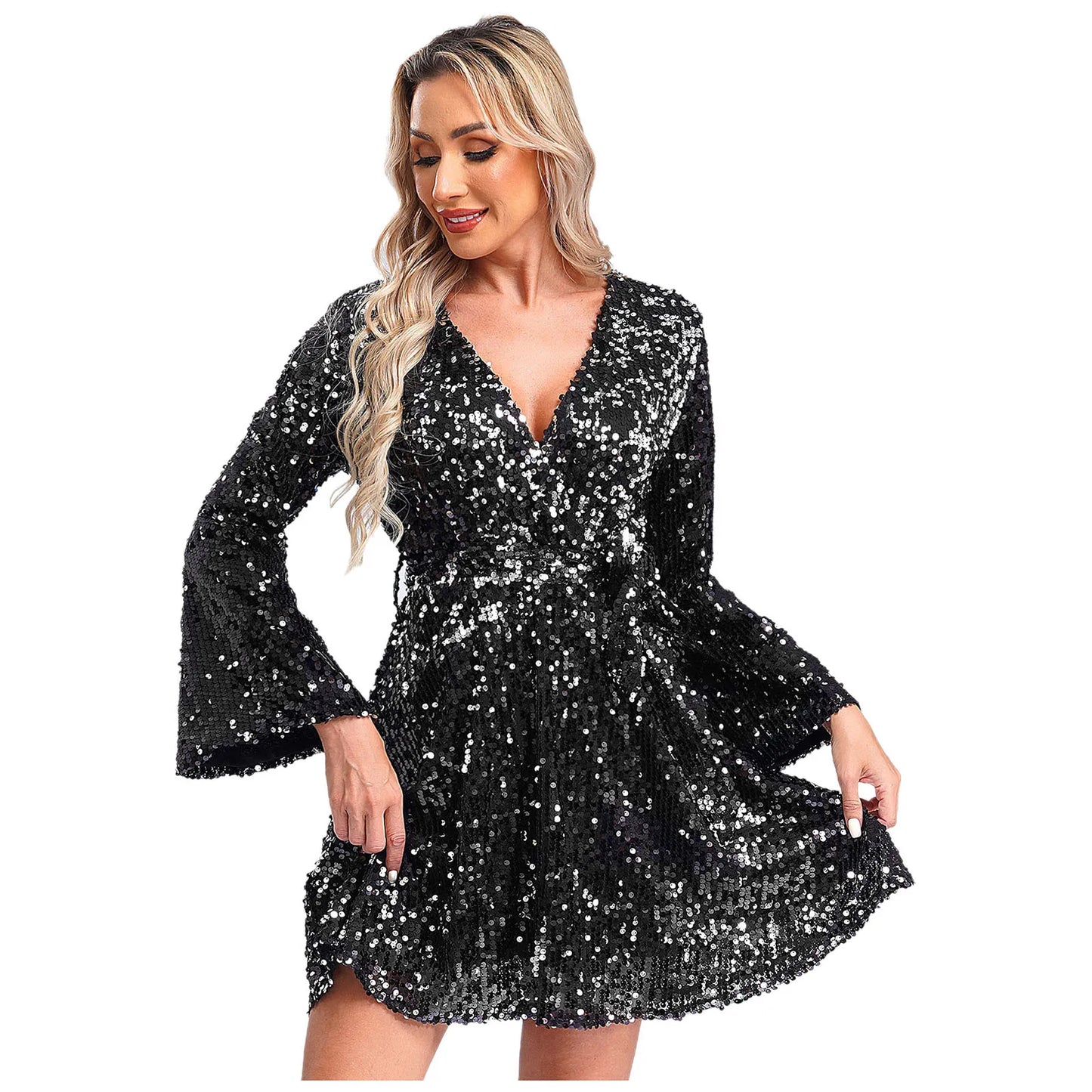 Fashion Women's Dress Clubbing Prom Vestidos V Neck Loose Sequin Dresses Long Sleeve Gown for Cocktail Party Prom Evening Robe